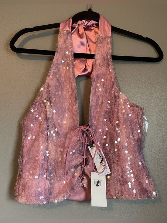 Nasty Gal Tops - NWT Nasty Gal Sz Medium Women’s Pink Sequin Tie Front Blouse Halter Top Ret $56!